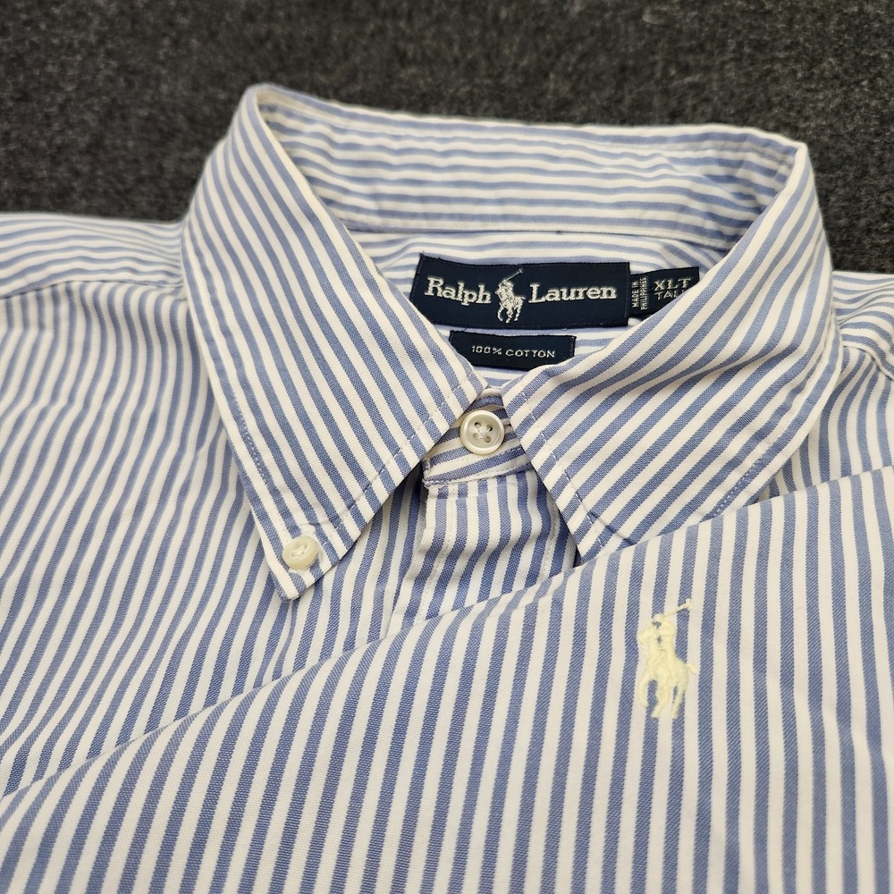 Ralph Lauren Mens XLT White Blue Striped Short Sleeve Button Up Shirt Cream Pony